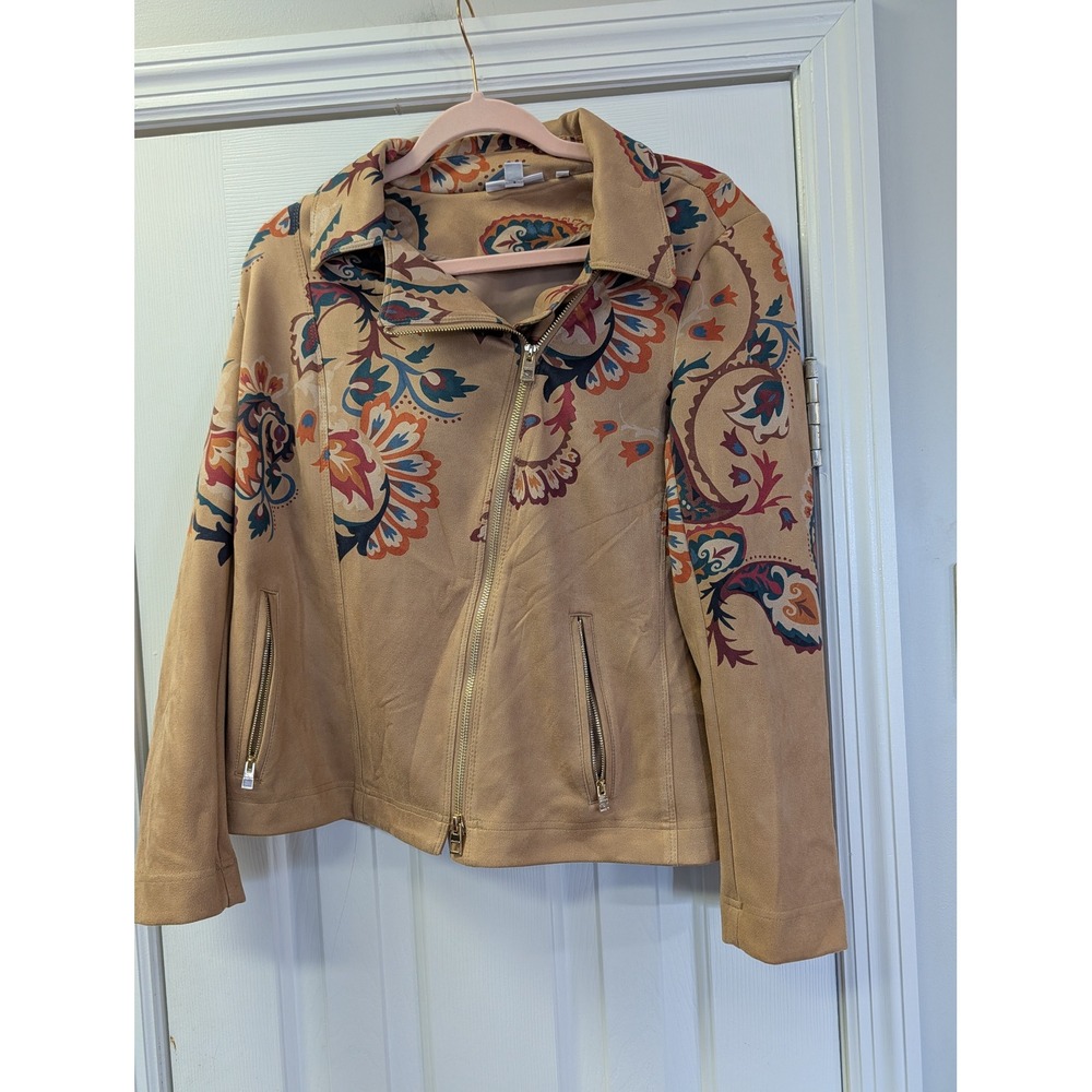 Chicos Southwestern Tan Faux Suede Floral Paisley Moto Jacket Size M Western